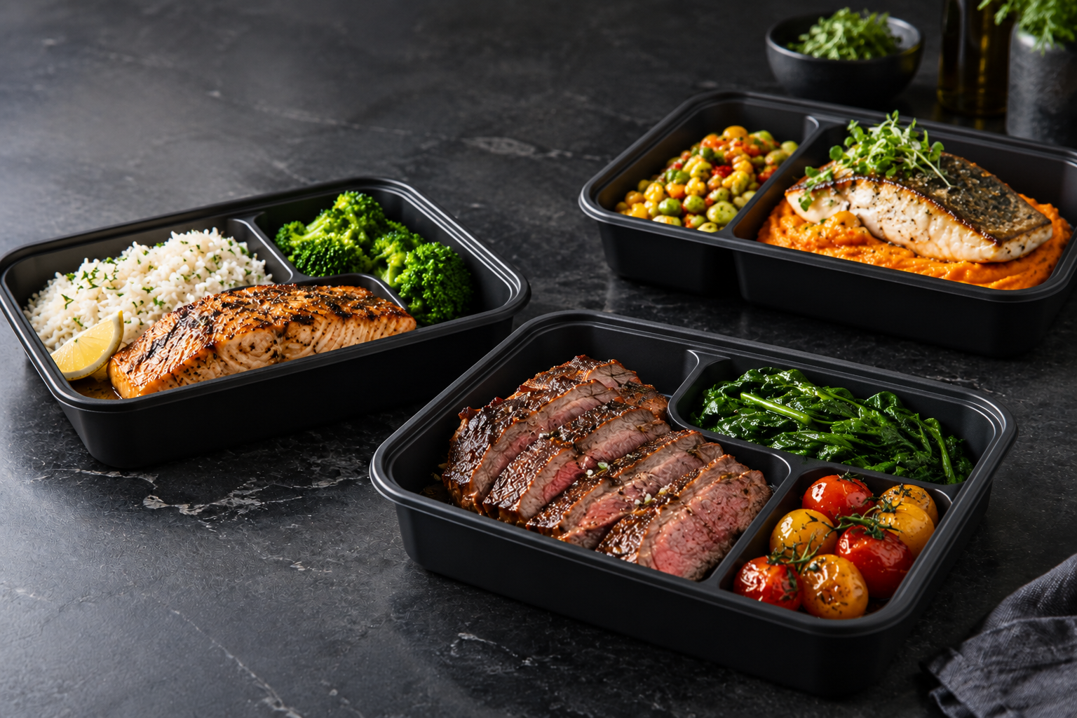 Salmon, ribeye, and sea bass meals packed in premium black meal-prep containers